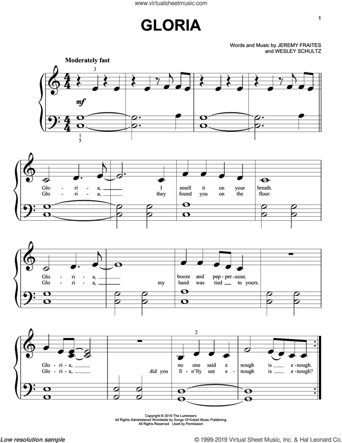 Gloria sheet music for piano solo (big note book) by The Lumineers, Jeremy Fraites and Wesley Schultz, easy piano (big note book)