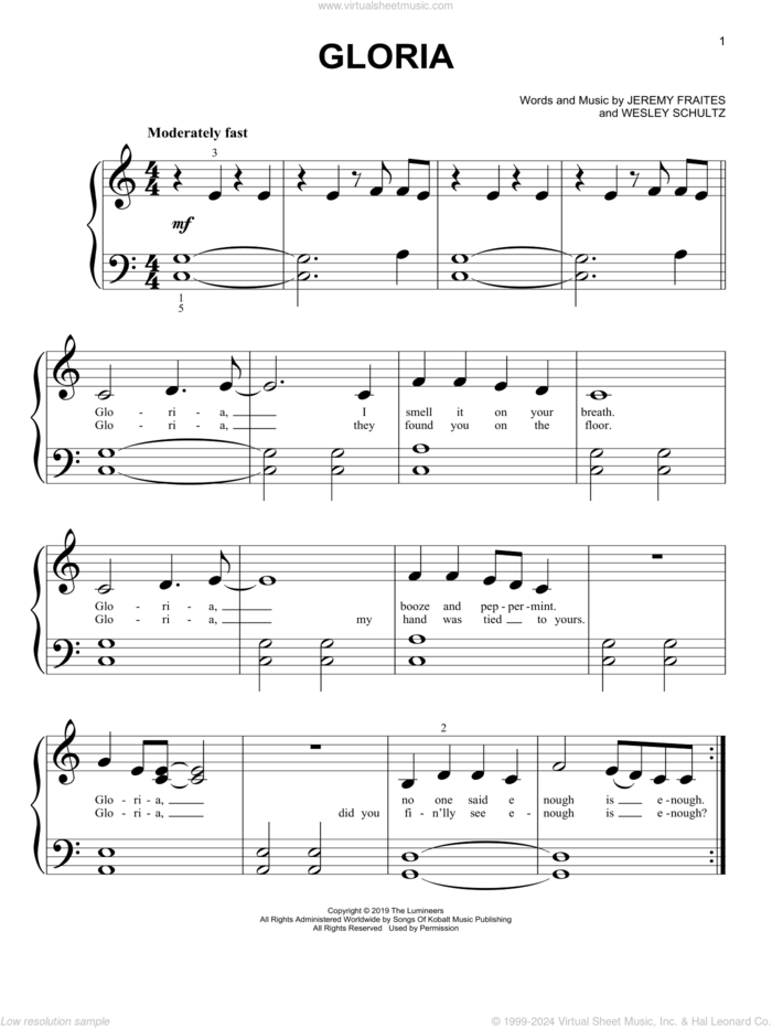 Gloria sheet music for piano solo (big note book) by The Lumineers, Jeremy Fraites and Wesley Schultz, easy piano (big note book)