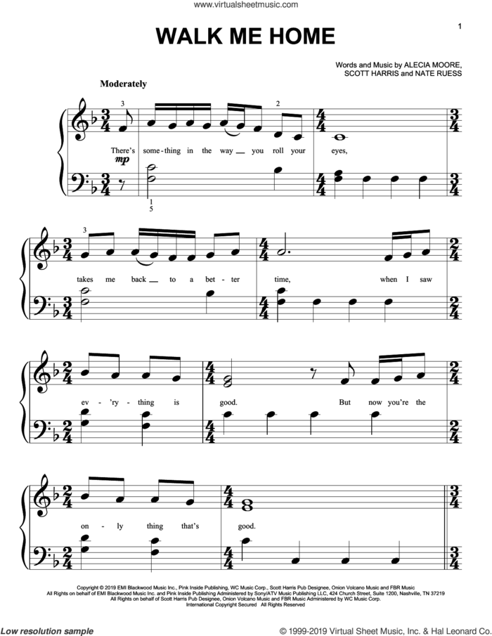 Walk Me Home sheet music for piano solo (big note book) by Scott Harris, Miscellaneous, Alecia Moore and Nate Ruess, easy piano (big note book)