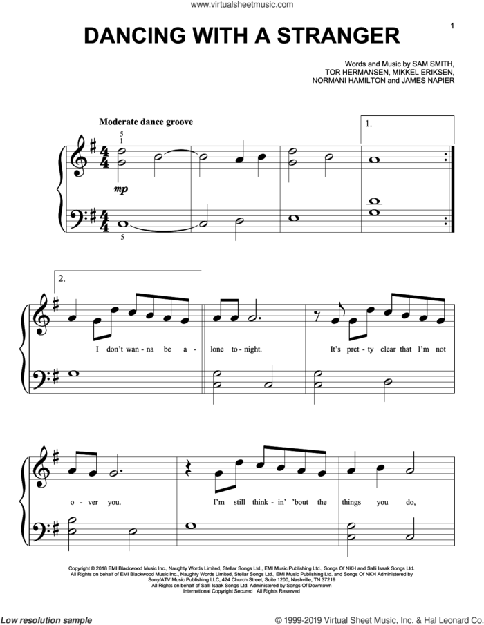 Dancing With A Stranger sheet music for piano solo (big note book) by Sam Smith & Normani, James Napier, Mikkel Eriksen, Normani Hamilton, Sam Smith and Tor Erik Hermansen, easy piano (big note book)