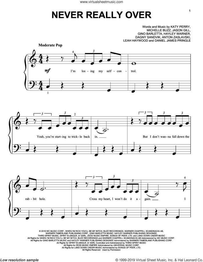 Never Really Over sheet music for piano solo (big note book) by Katy Perry, Anton Zaslavski, Dagny Sandvik, Daniel James, Hayley Warner, Jason Gill, Leah Haywood and Michelle Buzz, easy piano (big note book)