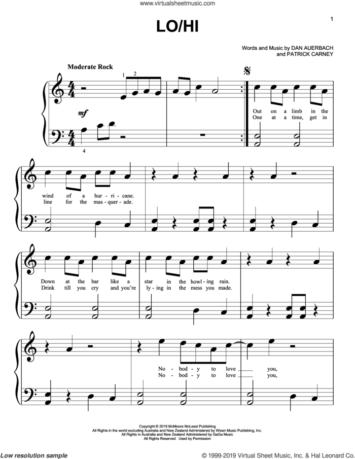 Lo/Hi sheet music for piano solo (big note book) by The Black Keys, Daniel Auerbach and Patrick Carney, easy piano (big note book)