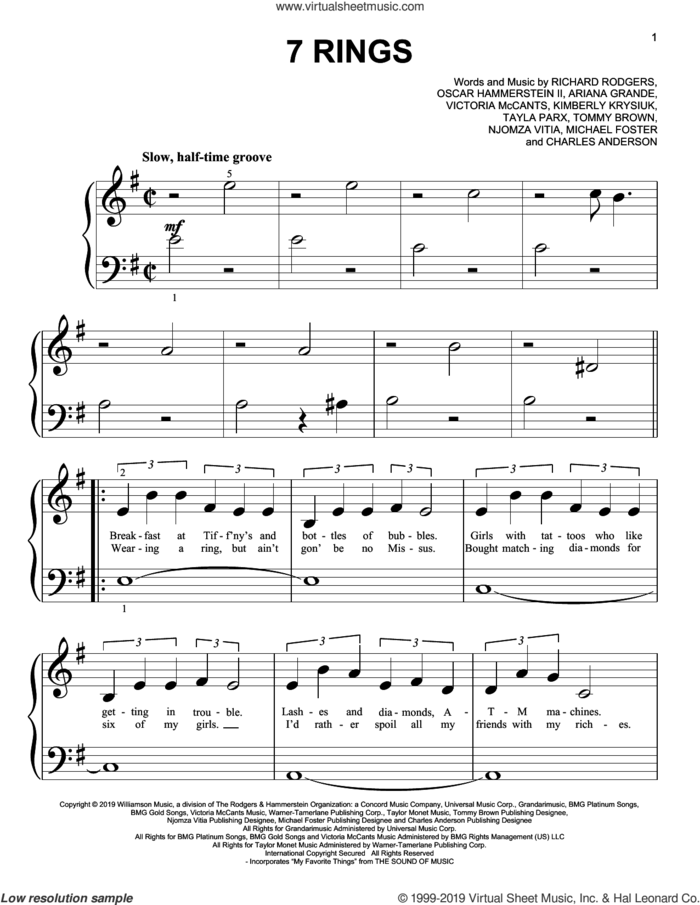 7 Rings sheet music for piano solo (big note book) by Ariana Grande, Charles Anderson, Kimberly Krysiuk, Michael Foster, Njomza Vitia, Oscar II Hammerstein, Richard Rodgers, Tayla Parx, Tommy Brown and Victoria McCants, easy piano (big note book)
