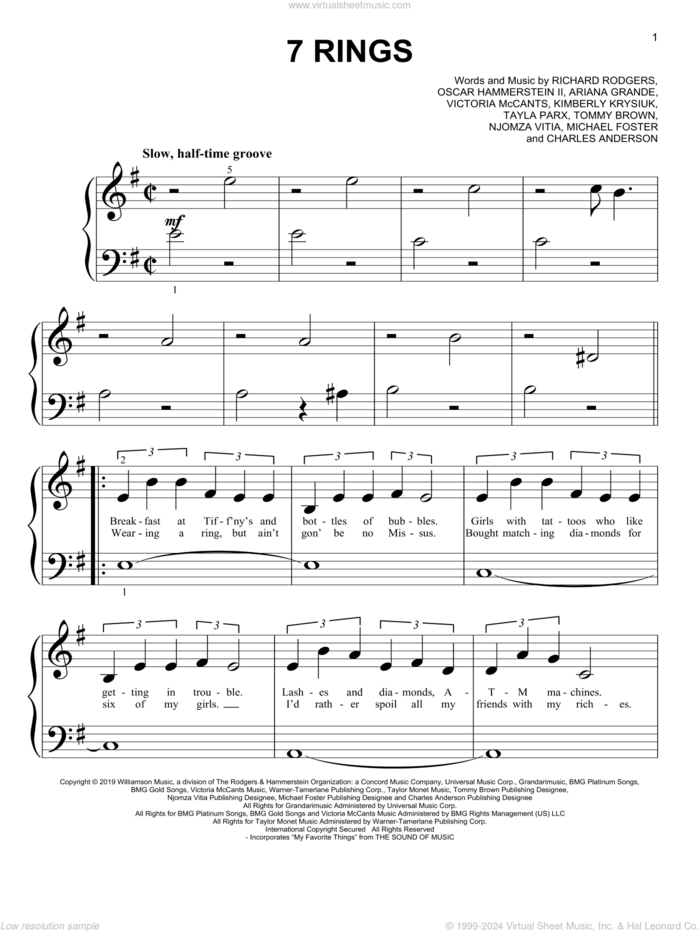 7 Rings sheet music for piano solo (big note book) by Ariana Grande, Charles Anderson, Kimberly Krysiuk, Michael Foster, Njomza Vitia, Oscar II Hammerstein, Richard Rodgers, Tayla Parx, Tommy Brown and Victoria McCants, easy piano (big note book)