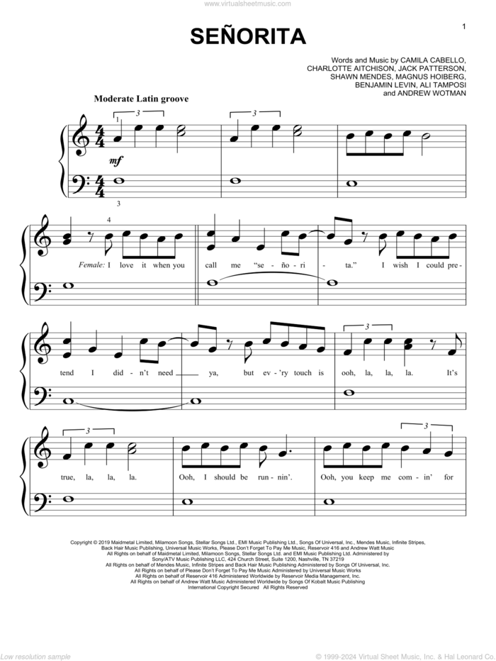 Senorita sheet music for piano solo (big note book) by Shawn Mendes and Camila Cabello, Ali Tamposi, Andrew Wotman, Benjamin Levin, Camila Cabello, Charlotte Aitchison, Jack Patterson, Magnus Hoiberg and Shawn Mendes, easy piano (big note book)