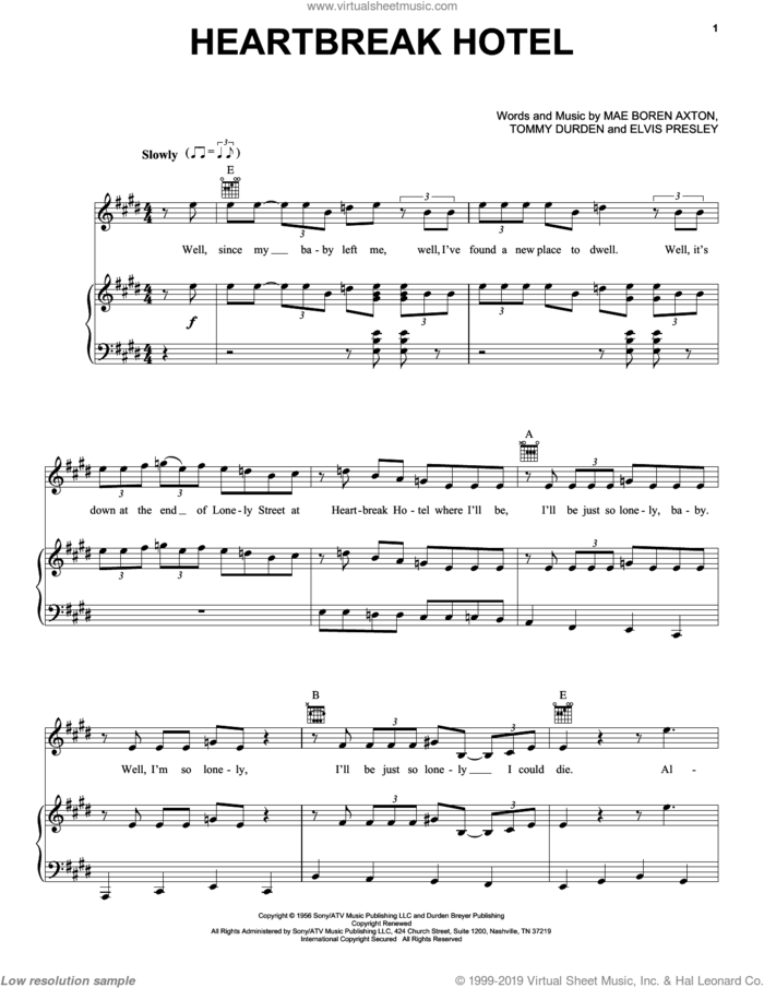 Heartbreak Hotel sheet music for voice, piano or guitar by Elvis Presley, Lilo & Stitch (Movie), Mae Boren Axton and Tommy Durden, intermediate skill level