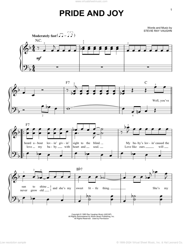 Pride And Joy sheet music for piano solo by Stevie Ray Vaughan, beginner skill level