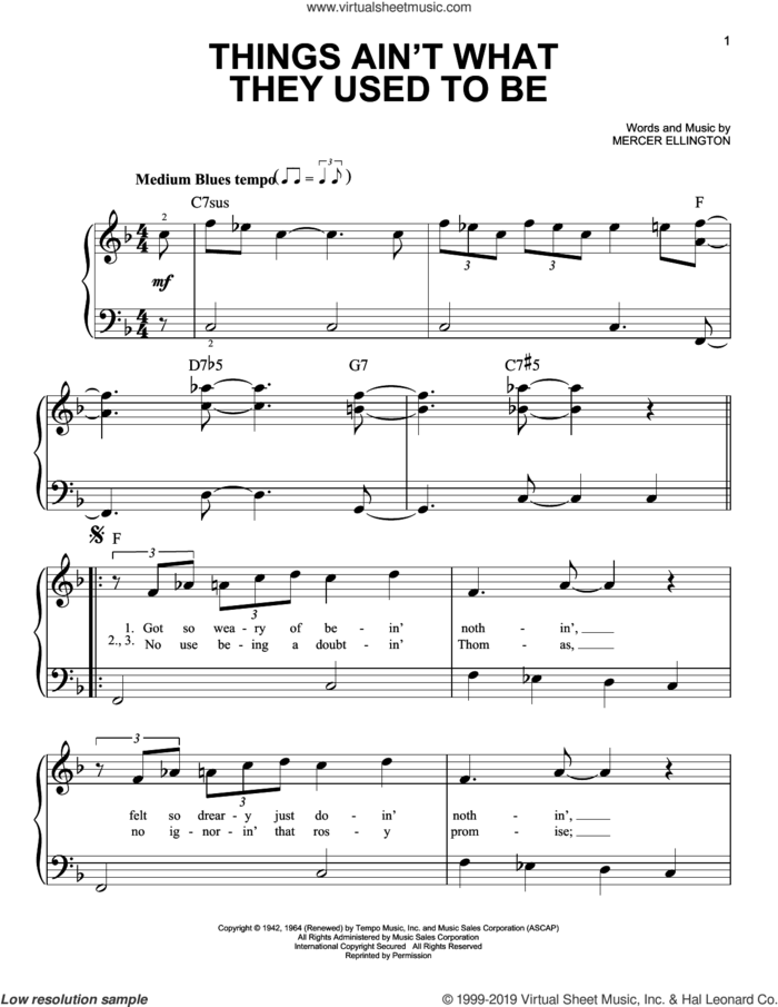 Things Ain't What They Used To Be sheet music for piano solo by Duke Ellington and Mercer Ellington, beginner skill level