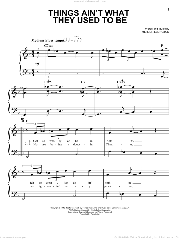 Things Ain't What They Used To Be sheet music for piano solo by Duke Ellington and Mercer Ellington, beginner skill level