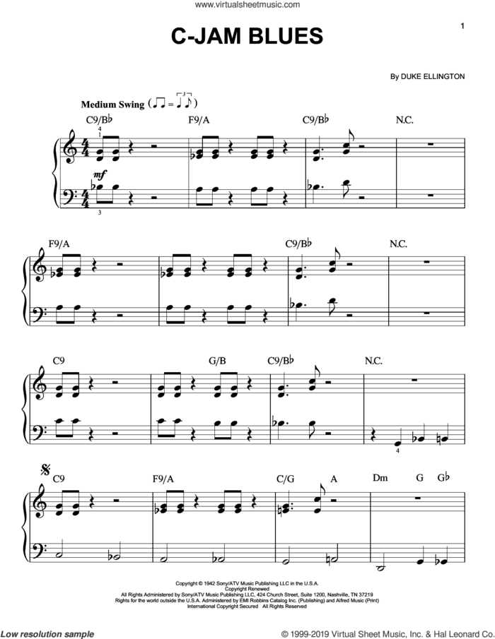 C-Jam Blues, (beginner) sheet music for piano solo by Duke Ellington, beginner skill level