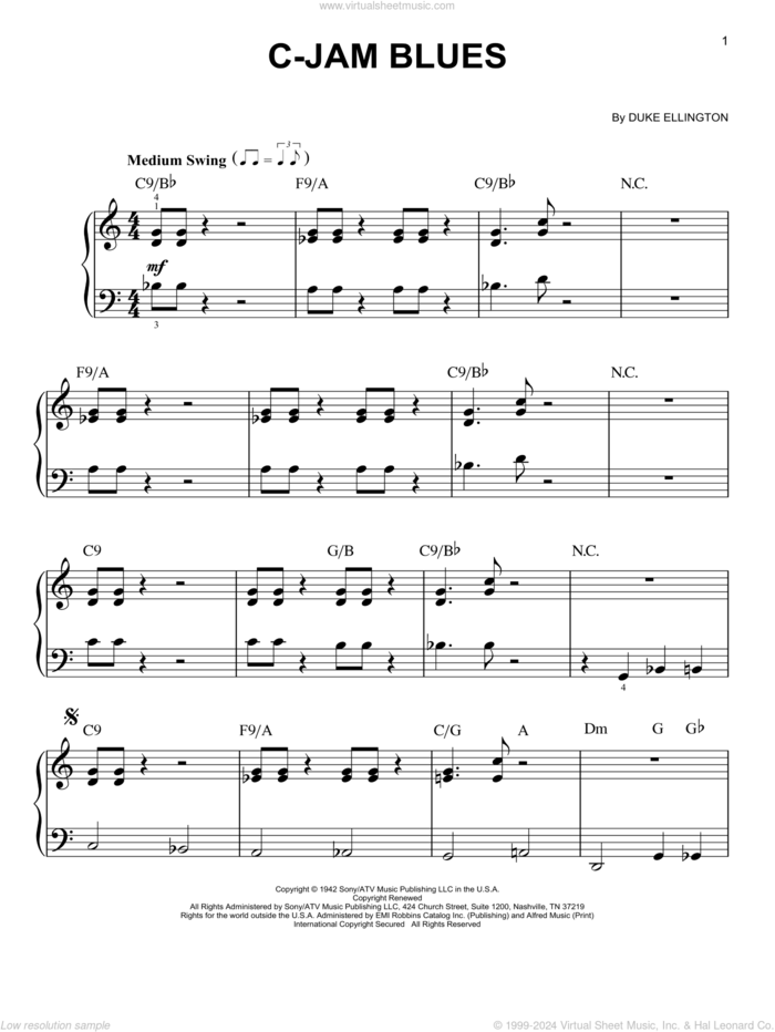 C-Jam Blues, (beginner) sheet music for piano solo by Duke Ellington, beginner skill level