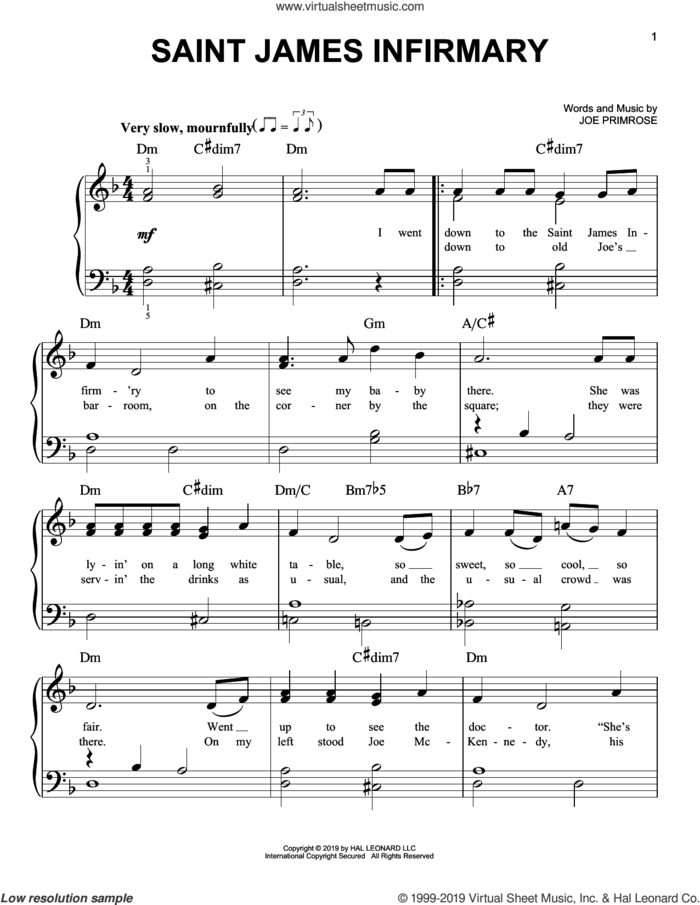 Saint James Infirmary sheet music for piano solo by Joe Primrose, beginner skill level