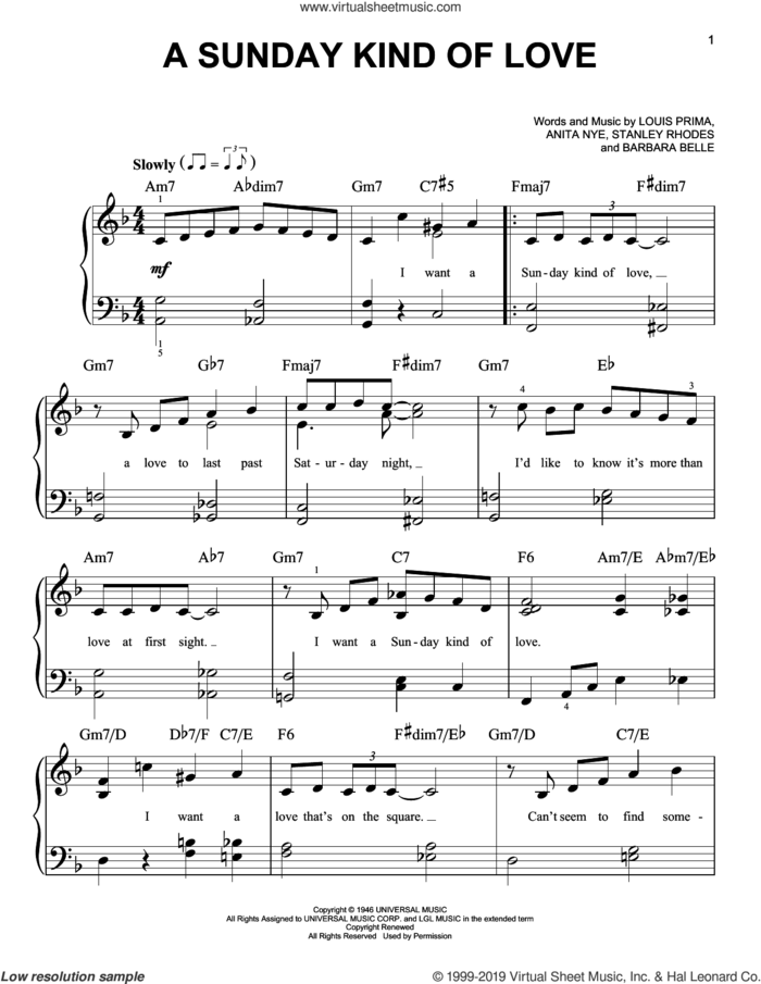 A Sunday Kind Of Love sheet music for piano solo by Etta James, Anita Nye Leonard, Barbara Belle, Louis Prima and Stanley Rhodes, beginner skill level