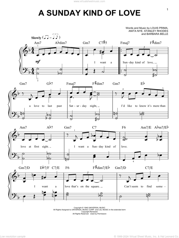 A Sunday Kind Of Love sheet music for piano solo by Etta James, Anita Nye Leonard, Barbara Belle, Louis Prima and Stanley Rhodes, beginner skill level