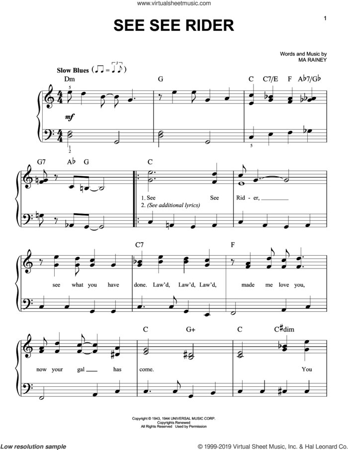 See See Rider, (beginner) sheet music for piano solo by Ma Rainey, beginner skill level