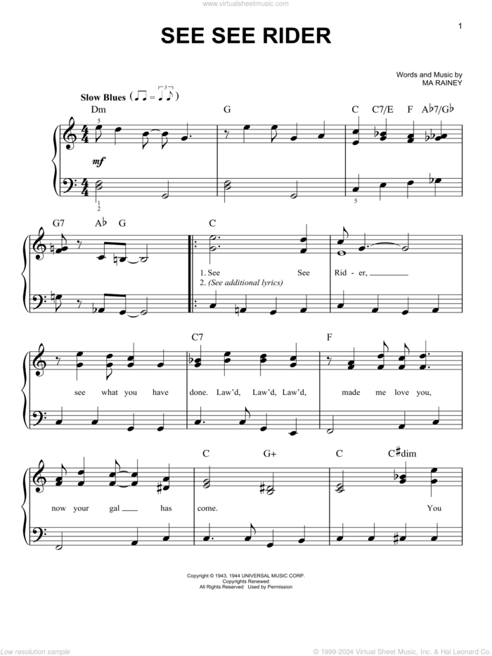 See See Rider, (beginner) sheet music for piano solo by Ma Rainey, beginner skill level