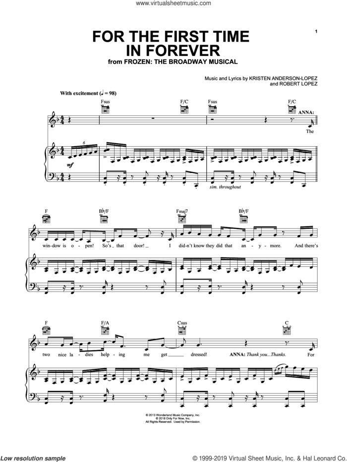 For The First Time In Forever (from Frozen: The Broadway Musical) sheet music for voice, piano or guitar by Kristen Anderson-Lopez & Robert Lopez, Kristen Anderson-Lopez and Robert Lopez, intermediate skill level