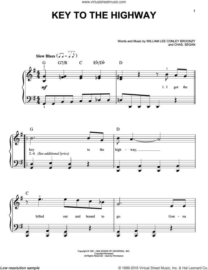 Key To The Highway sheet music for piano solo by Eric Clapton, Charles Segar and William Lee Conley Broonzy, beginner skill level