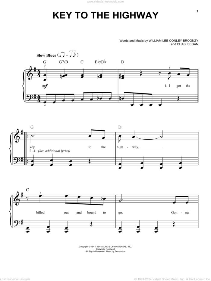 Key To The Highway sheet music for piano solo by Eric Clapton, Charles Segar and William Lee Conley Broonzy, beginner skill level