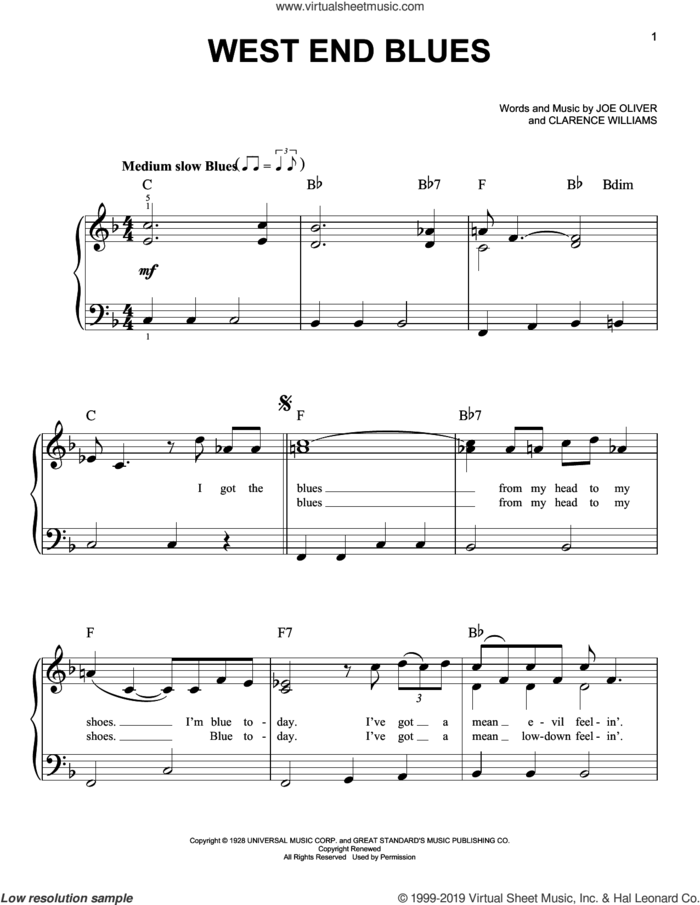 West End Blues sheet music for piano solo by Clarence Williams and Joe Oliver, beginner skill level
