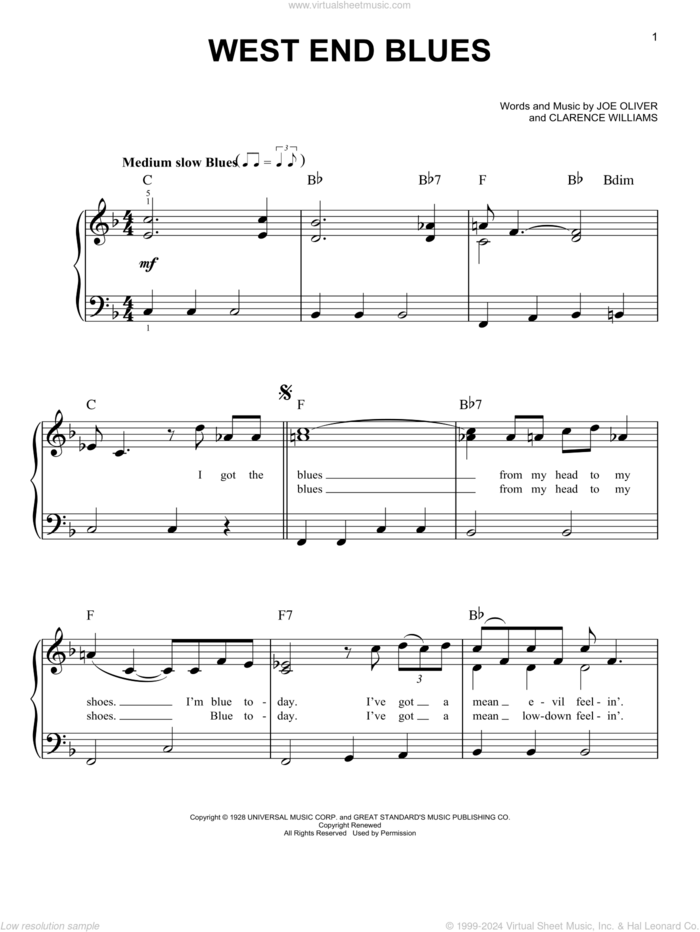 West End Blues sheet music for piano solo by Clarence Williams and Joe Oliver, beginner skill level