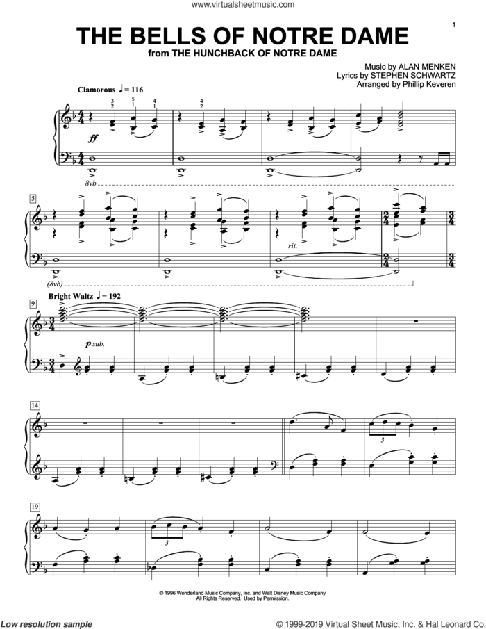 The Bells Of Notre Dame [Classical version] (arr. Phillip Keveren) sheet music for piano solo by Alan Menken, Phillip Keveren and Stephen Schwartz, intermediate skill level