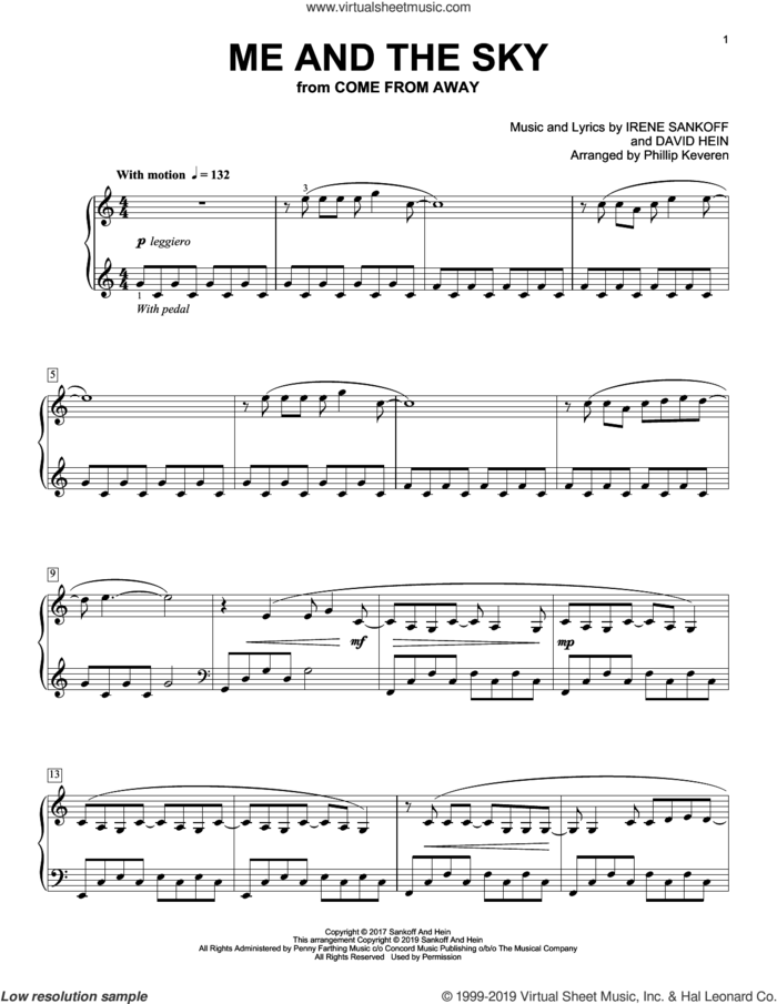Me And The Sky [Classical version] (from Come From Away) (arr. Phillip Keveren) sheet music for piano solo by Irene Sankoff & David Hein, Phillip Keveren, David Hein and Irene Sankoff, intermediate skill level