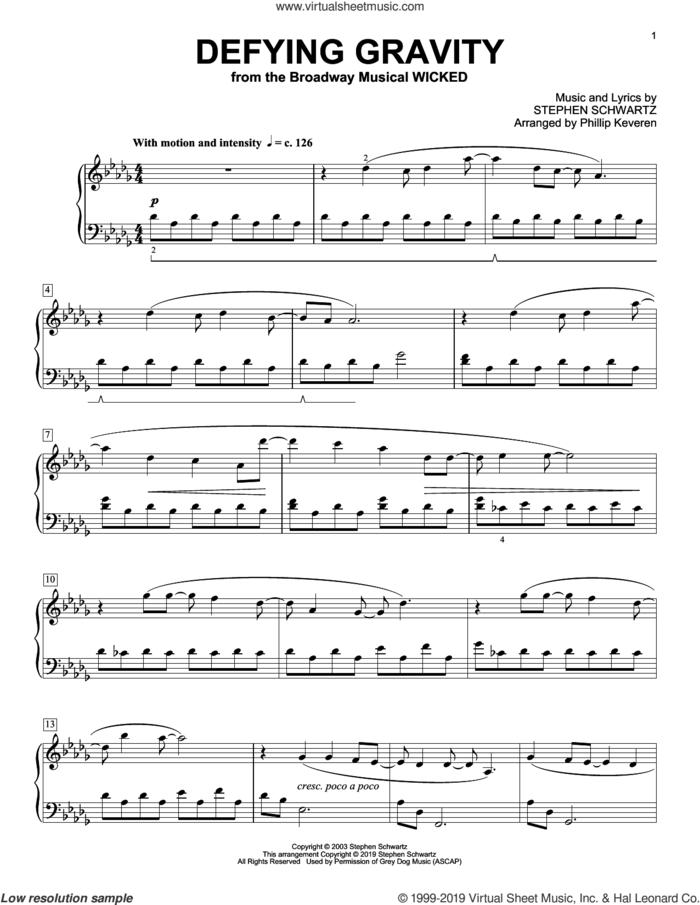 Defying Gravity [Classical version] (from Wicked) (arr. Phillip Keveren) sheet music for piano solo by Stephen Schwartz and Phillip Keveren, intermediate skill level