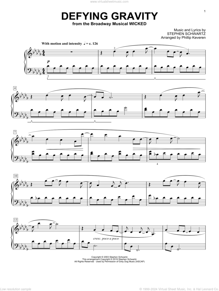 Defying Gravity [Classical version] (from Wicked) (arr. Phillip Keveren) sheet music for piano solo by Stephen Schwartz and Phillip Keveren, intermediate skill level