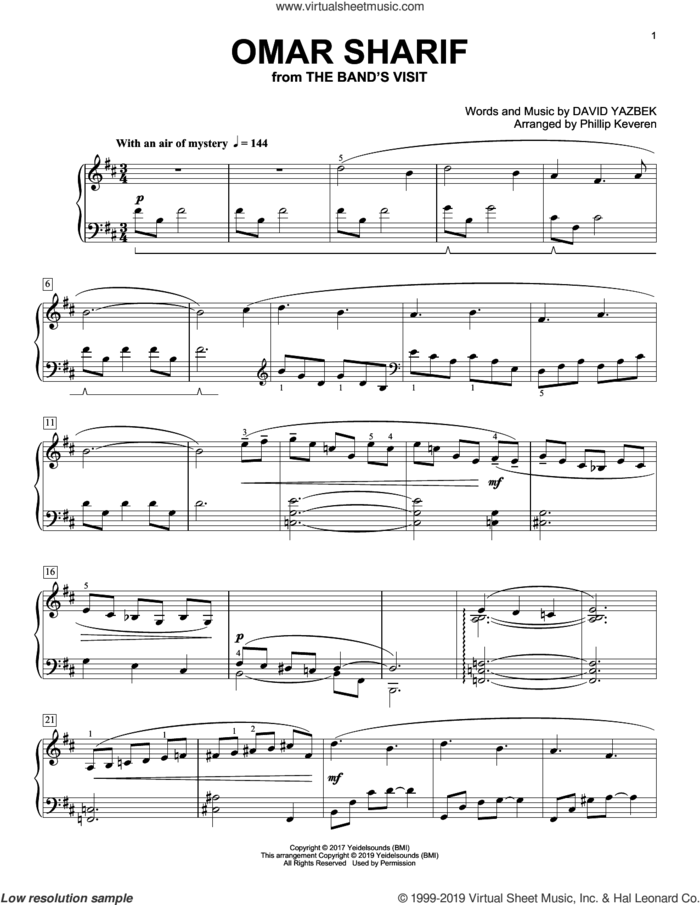 Omar Sharif [Classical version] (from The Band's Visit) (arr. Phillip Keveren) sheet music for piano solo by David Yazbek and Phillip Keveren, intermediate skill level
