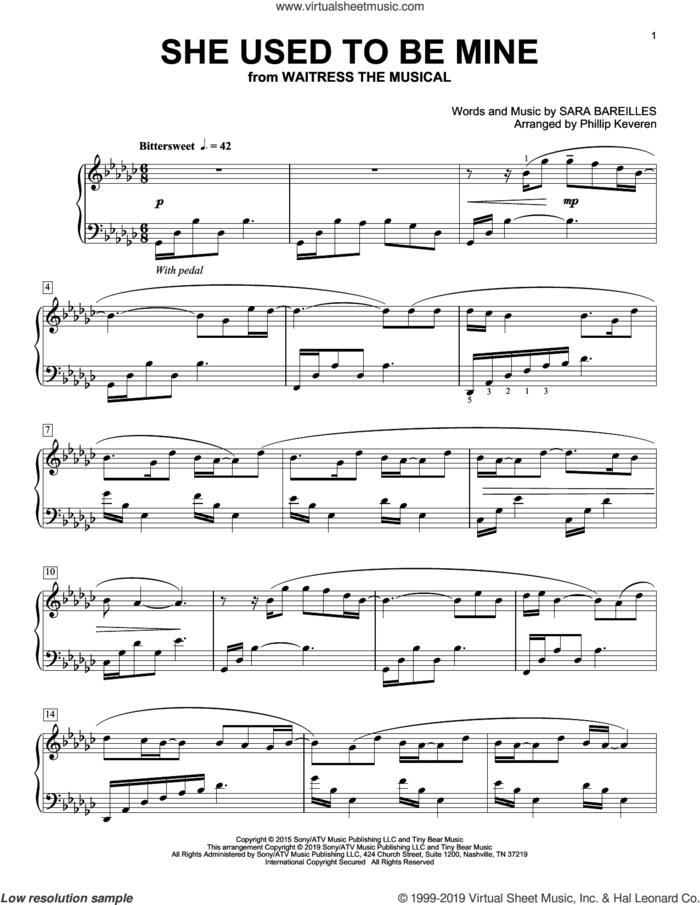 She Used To Be Mine [Classical version] (from Waitress) (arr. Phillip Keveren) sheet music for piano solo by Sara Bareilles and Phillip Keveren, intermediate skill level