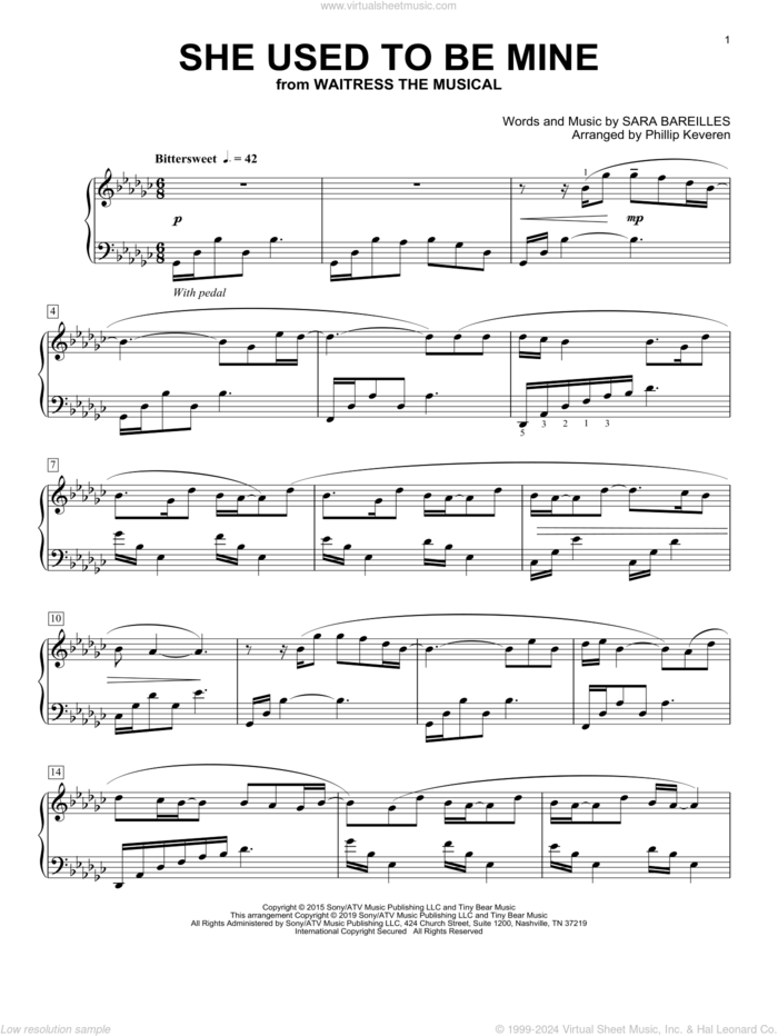 She Used To Be Mine [Classical version] (from Waitress) (arr. Phillip Keveren) sheet music for piano solo by Sara Bareilles and Phillip Keveren, intermediate skill level