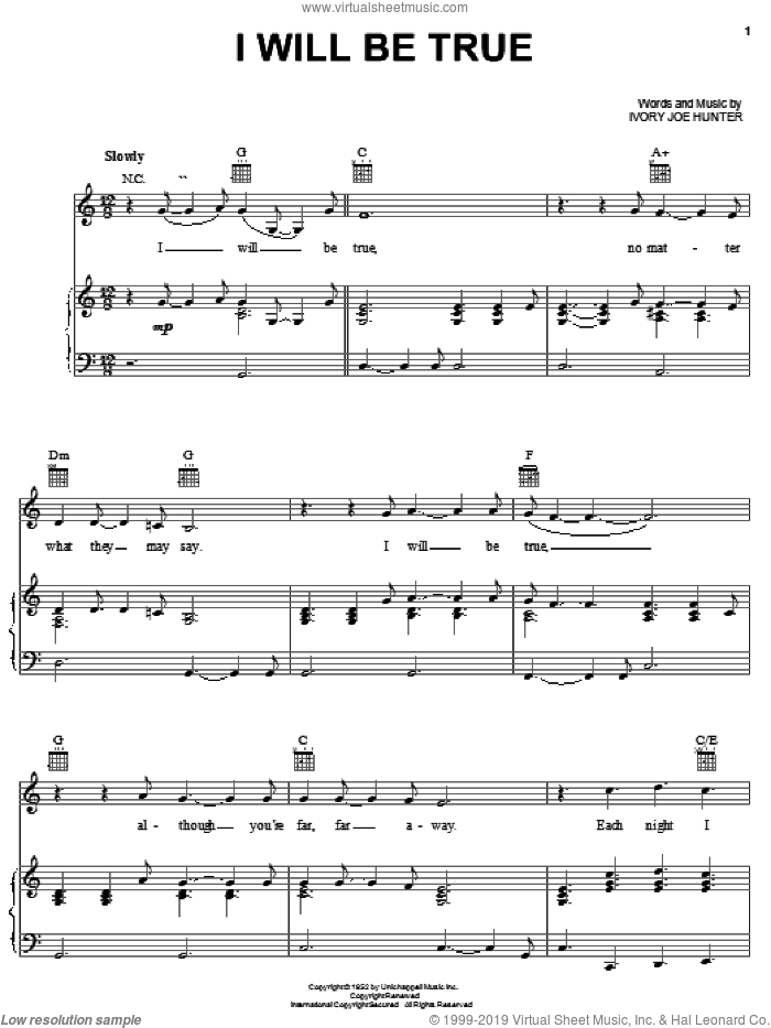 I Will Be True sheet music for voice, piano or guitar by Elvis Presley and Ivory Joe Hunter, intermediate skill level
