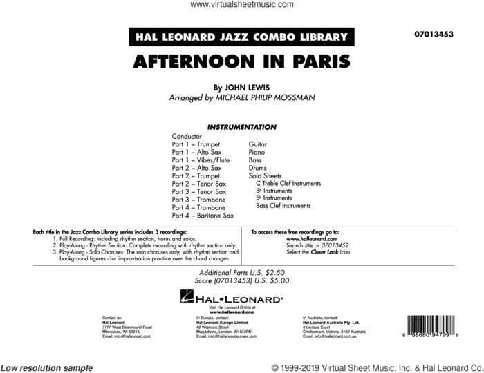 Afternoon in Paris (arr. Michael Philip Mossman) (COMPLETE) sheet music for jazz band by Michael Philip Mossman and John Lewis, intermediate skill level