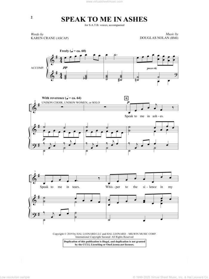 Speak To Me In Ashes sheet music for choir (SATB: soprano, alto, tenor, bass) by Douglas Nolan, Karen Crane and Karen Crane and Douglas Nolan, intermediate skill level