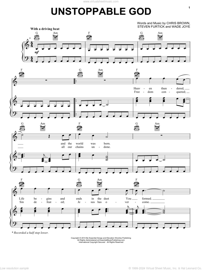 Unstoppable God sheet music for voice, piano or guitar by Elevation Worship, Chris Brown, Steven Furtick and Wade Joye, intermediate skill level