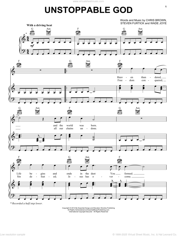 Unstoppable God sheet music for voice, piano or guitar by Elevation Worship, Chris Brown, Steven Furtick and Wade Joye, intermediate skill level