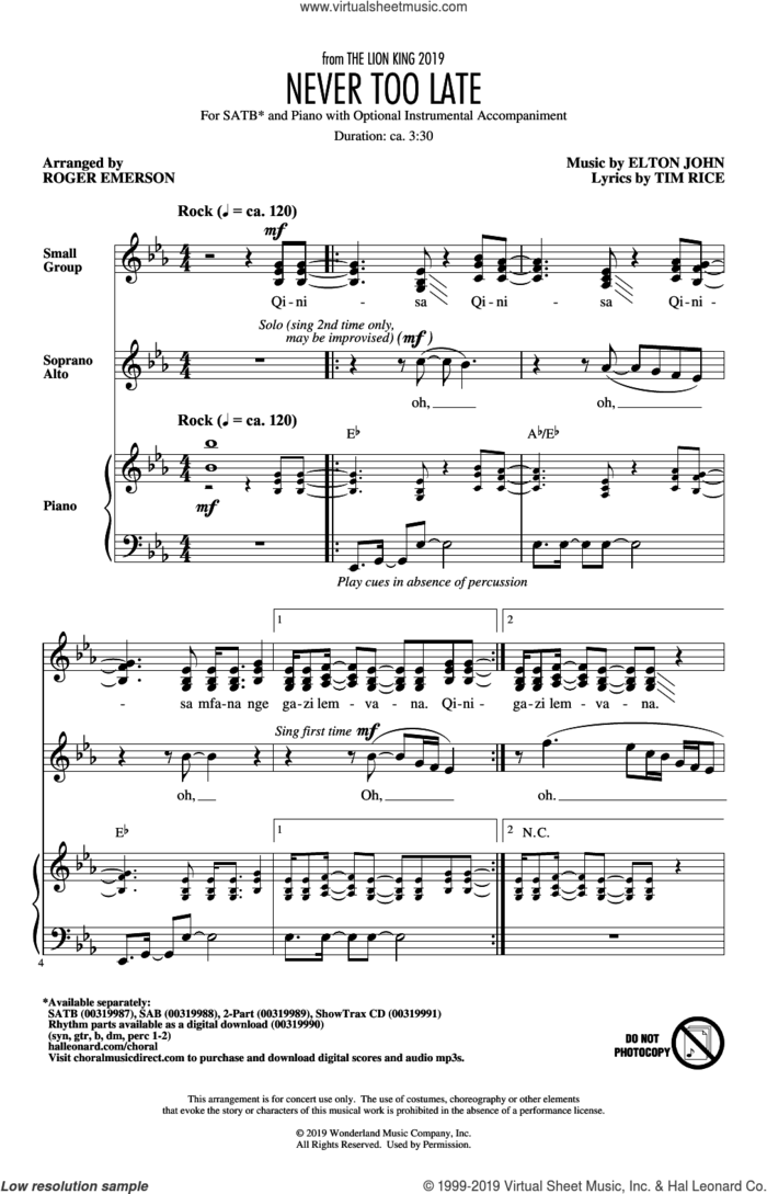 Never Too Late (from The Lion King 2019) (arr. Roger Emerson) sheet music for choir (SATB: soprano, alto, tenor, bass) by Elton John, Roger Emerson and Tim Rice, intermediate skill level