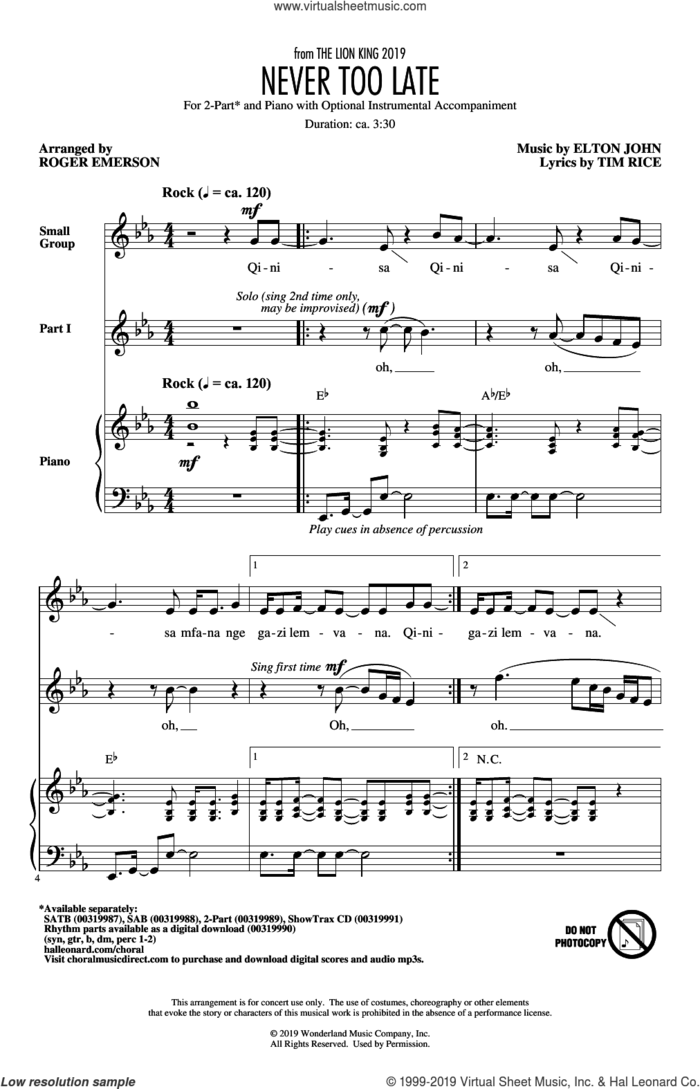 Never Too Late (from The Lion King 2019) (arr. Roger Emerson) sheet music for choir (2-Part) by Elton John, Roger Emerson and Tim Rice, intermediate duet