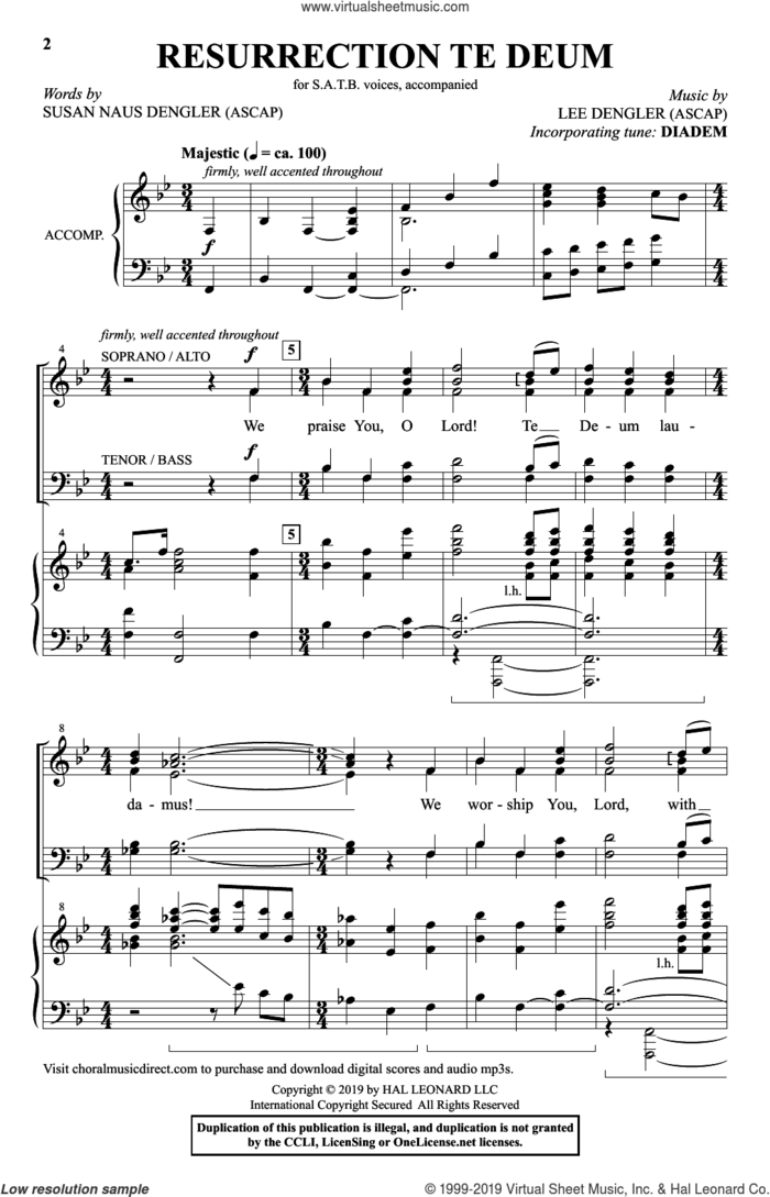 Resurrection Te Deum sheet music for choir (SATB: soprano, alto, tenor, bass) by Lee Dengler, Susan Naus Dengler and Susan Naus Dengler and Lee Dengler, intermediate skill level