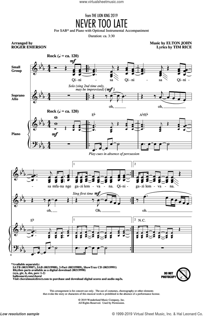 Never Too Late (from The Lion King 2019) (arr. Roger Emerson) sheet music for choir (SAB: soprano, alto, bass) by Elton John, Roger Emerson and Tim Rice, intermediate skill level