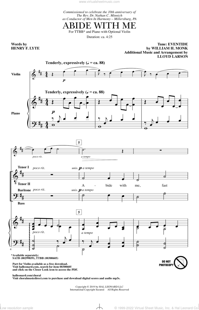 Abide With Me (arr. Lloyd Larson) sheet music for choir (TTBB: tenor, bass) by Henry F. Lyte, Lloyd Larson and Traditional Hymn, intermediate skill level