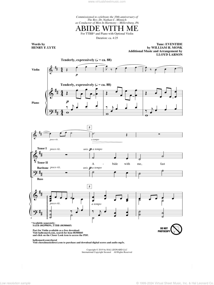 Abide With Me (arr. Lloyd Larson) sheet music for choir (TTBB: tenor, bass) by Henry F. Lyte, Lloyd Larson and Traditional Hymn, intermediate skill level