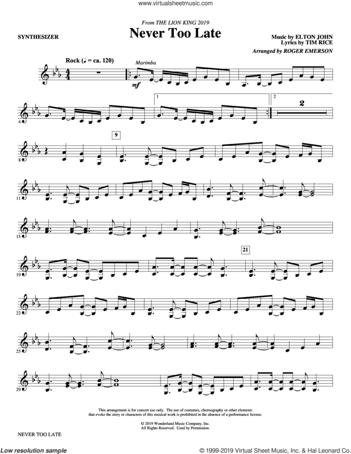Never Too Late (from The Lion King 2019) (arr. Roger Emerson) (complete set of parts) sheet music for orchestra/band by Elton John, Roger Emerson and Tim Rice, intermediate skill level
