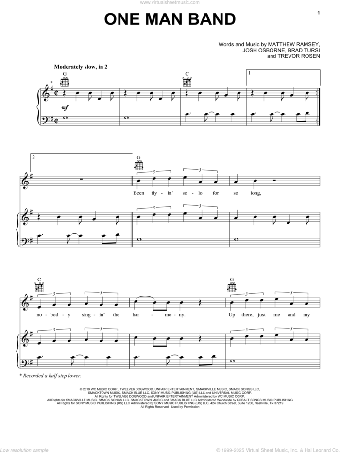 One Man Band sheet music for voice, piano or guitar by Old Dominion, Brad Tursi, Josh Osborne, Matthew Ramsey and Trevor Rosen, intermediate skill level