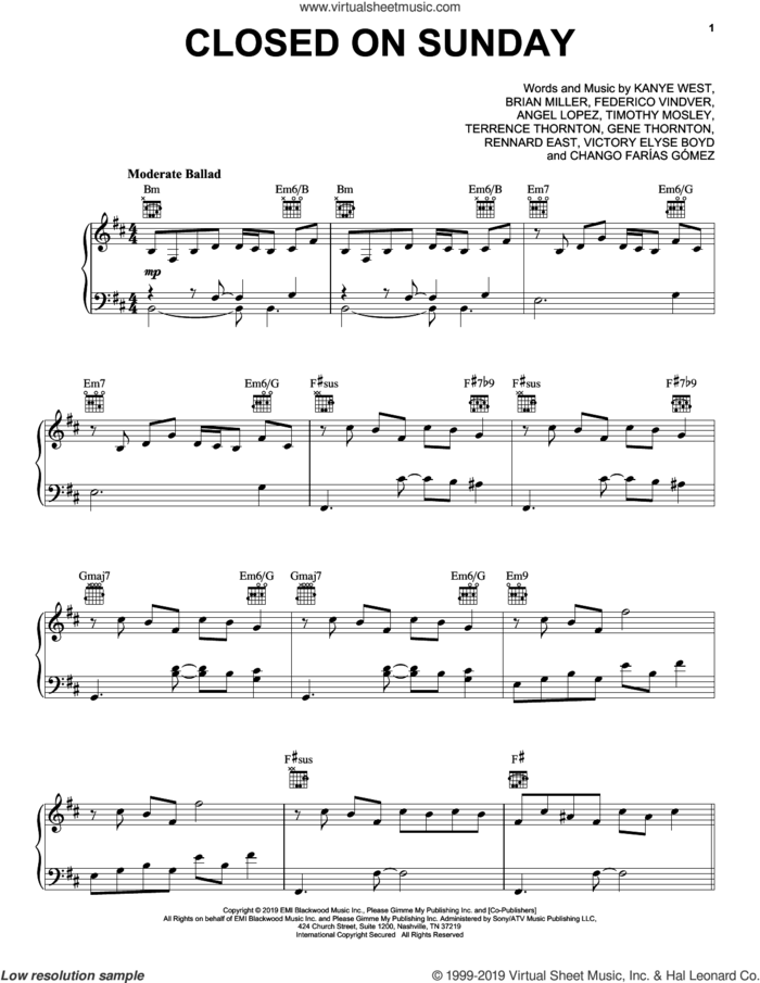 Closed On Sunday sheet music for voice, piano or guitar by Kanye West, Angel Lopez, Brian Miller, Chango Farias Gomez, Federico Vindver, Gene Thornton, Rennard East, Terrence Thornton, Tim Mosley and Victory Elyse Boyd, intermediate skill level
