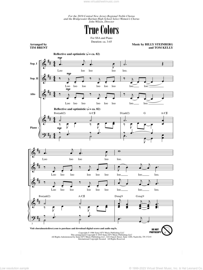 True Colors (arr. Tim Brent) sheet music for choir (SSA: soprano, alto) by Cyndi Lauper, Tim Brent, Billy Steinberg and Tom Kelly, intermediate skill level