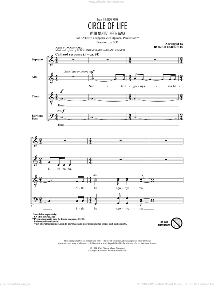 Circle Of Life (with Nants' Ingonyama) (from The Lion King) (arr. Roger Emerson) sheet music for choir (SATB: soprano, alto, tenor, bass) by Elton John, Roger Emerson, Hans Zimmer, Lebohang Morake and Tim Rice, intermediate skill level