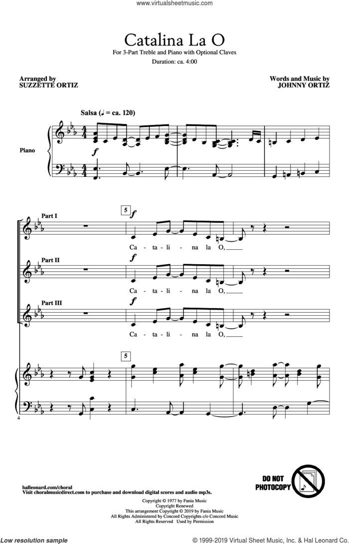Catalina La O (arr. Suzzette Ortiz) sheet music for choir (3-Part Treble) by Johnny Ortiz and Suzzette Ortiz, intermediate skill level