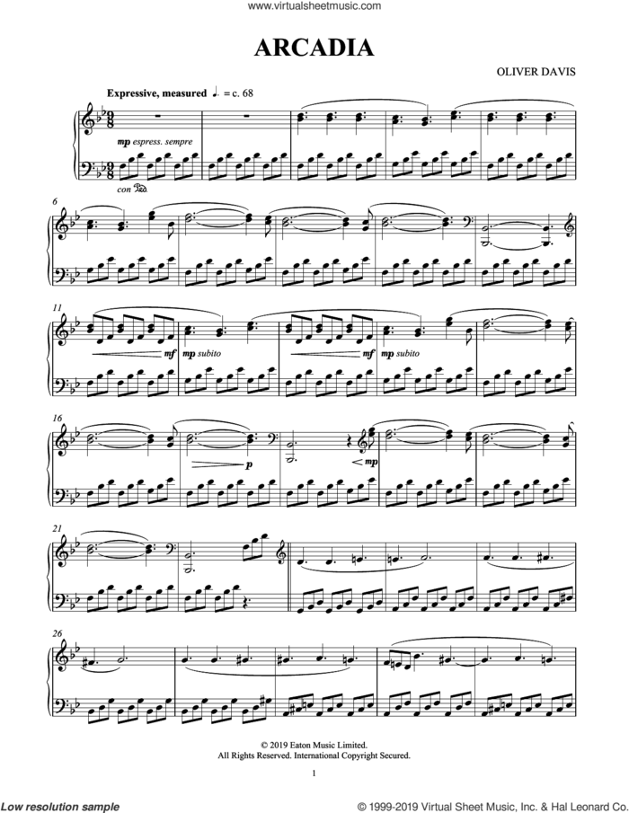 Arcadia sheet music for piano solo by Oliver Davis, classical score, intermediate skill level